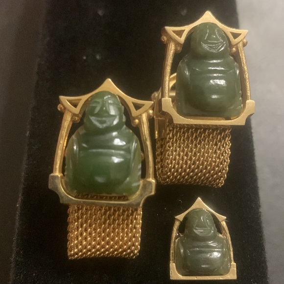 Vintage Jade Buddha Gold Cufflinks W/ matching Tie Pin .. VERY DISTINGUISHED!! - Picture 3 of 6